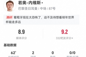 完美体育网页入口-内维斯本场数据：2射进2球 3长传2对抗均成功 获评8.9分最高